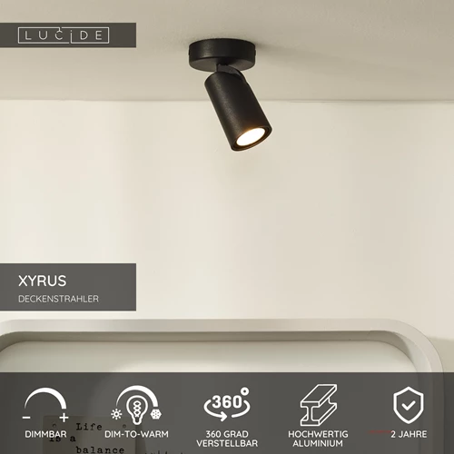 Lucide XYRUS - Deckenstrahler - Ø 9 cm - LED Dim to warm - GU10 - 1x5W 2200K/3000K - Schwarz - USP
